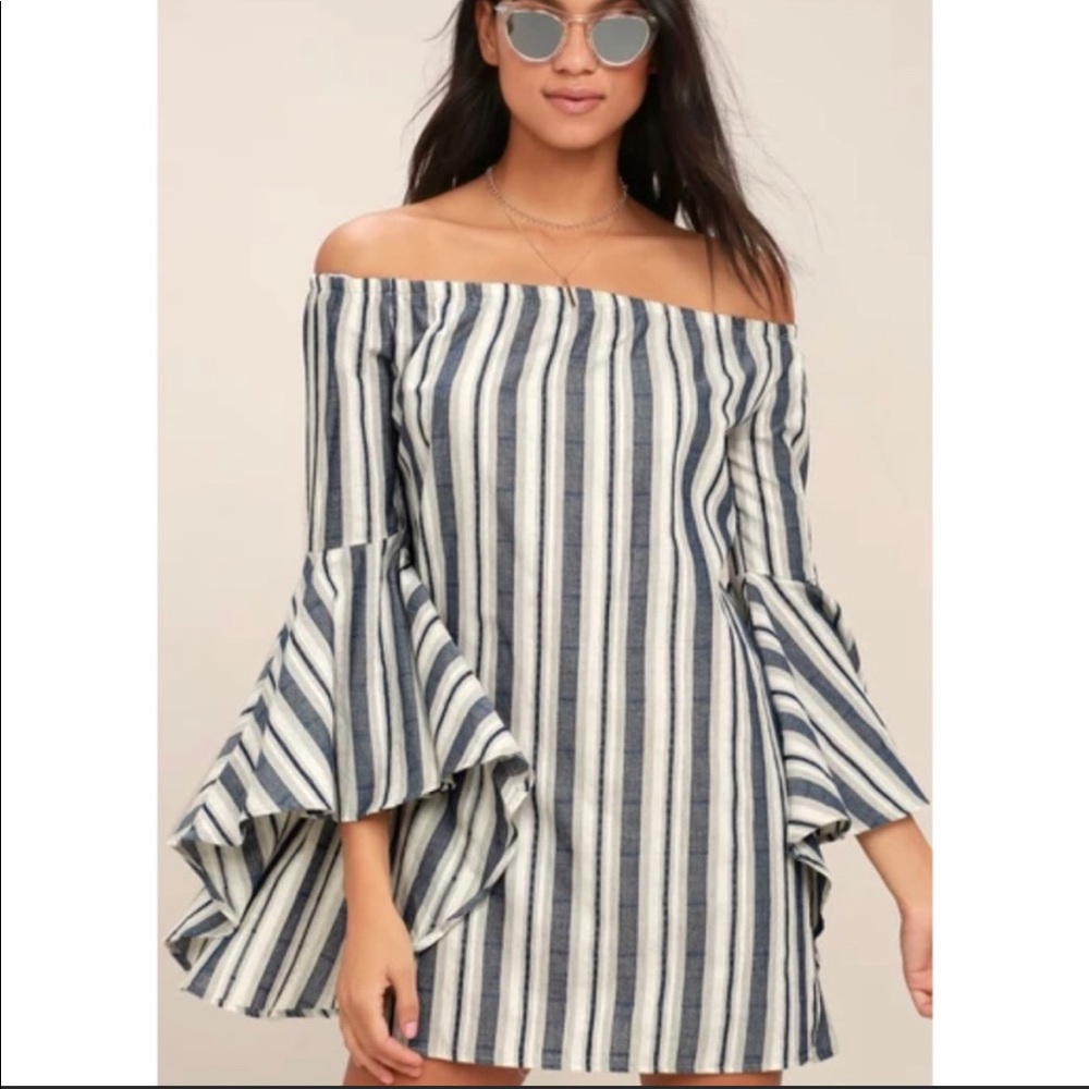 Lulu’s off the shoulder blue and white striped dress with bell sleeves